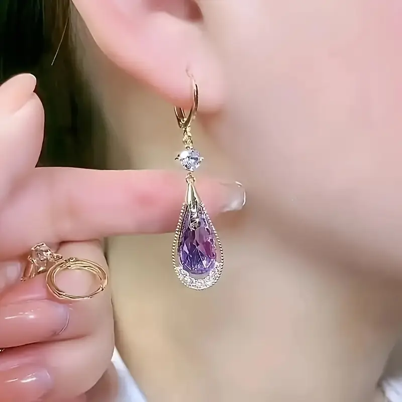1 Pair Of Fashionable Purple Artificial Crystal Water Droplet Shaped Hollow Earrings for Women
