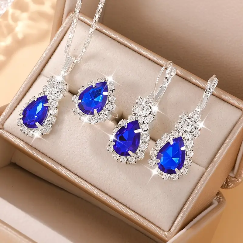 Zircon Pendant Necklace Earring Ring Set Women Water Drop Necklaces Earrings Zircon Jewelry Set