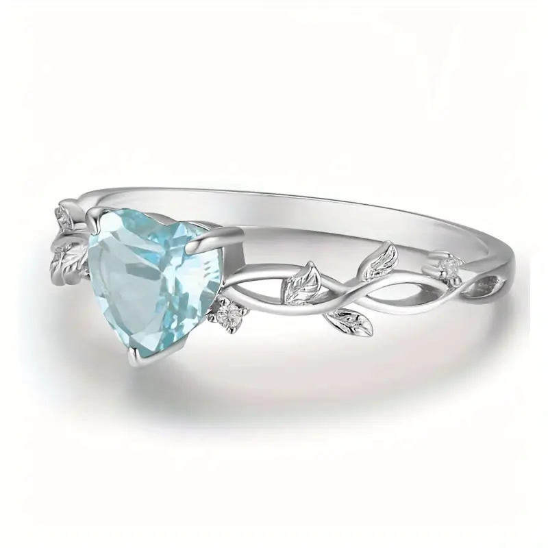 Elegant Blue Zirconia Heart-Shaped Leaf Ring
