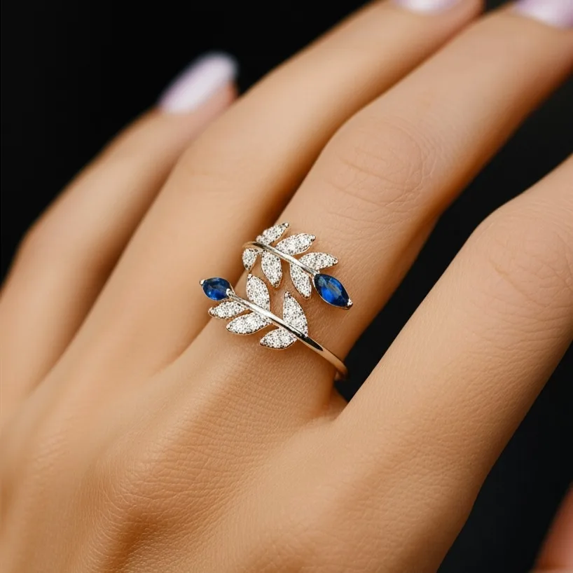 Lab Blue Sapphire Ring Leaf Marquise Floral Statement Ring 925 Silver Cubic Zirconia Pave Leaf Daily Worn Ring Sapphire Floral Gift for her