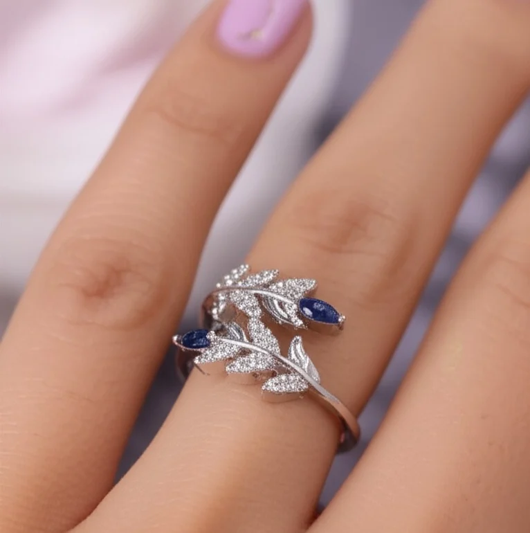 Lab Blue Sapphire Ring Leaf Marquise Floral Statement Ring 925 Silver Cubic Zirconia Pave Leaf Daily Worn Ring Sapphire Floral Gift for her