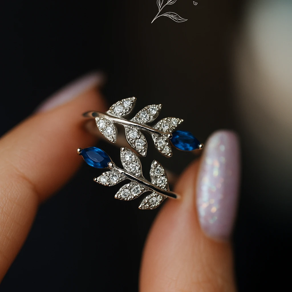 Lab Blue Sapphire Ring Leaf Marquise Floral Statement Ring 925 Silver Cubic Zirconia Pave Leaf Daily Worn Ring Sapphire Floral Gift for her